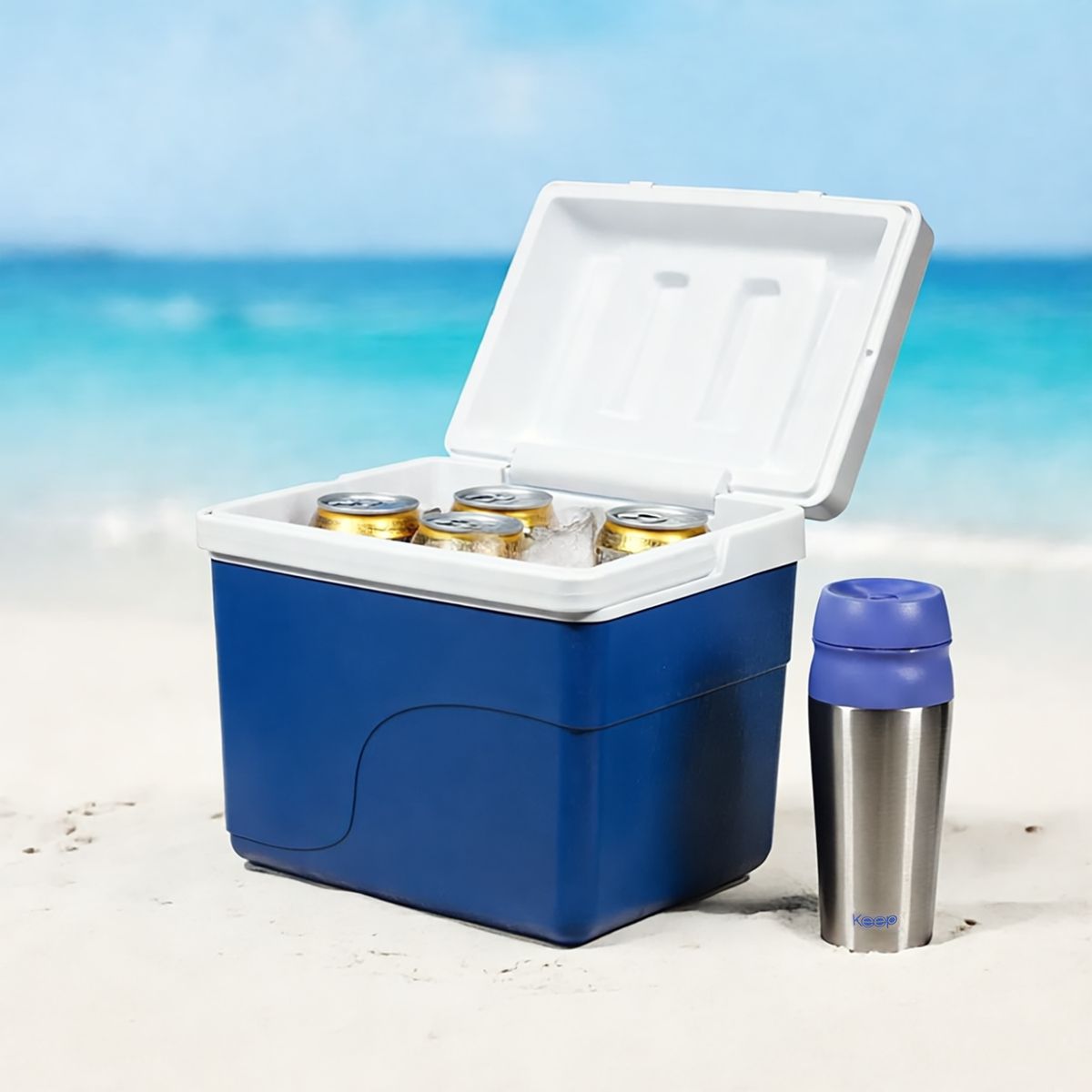  - Set Nevera azul  22L tipo Cooler Cava + termo 700 ml 