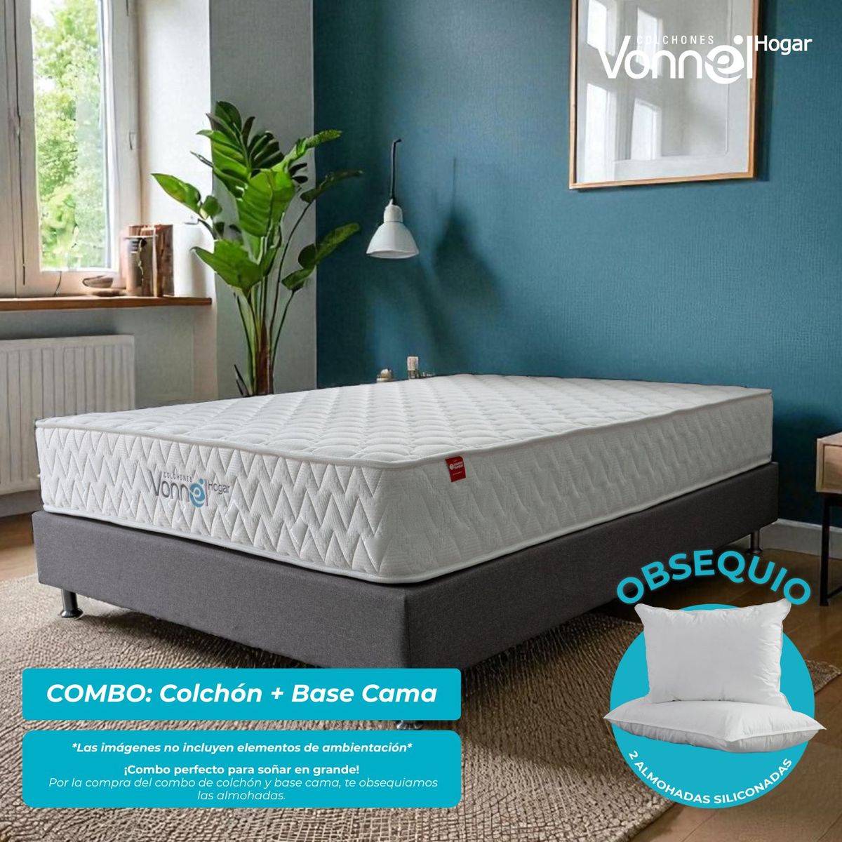 COLCHONES VONNEL - Colchon con base cama Queen Resortes y Espuma Combo Moon Inox 160x190 cm  Colchon Vonnel