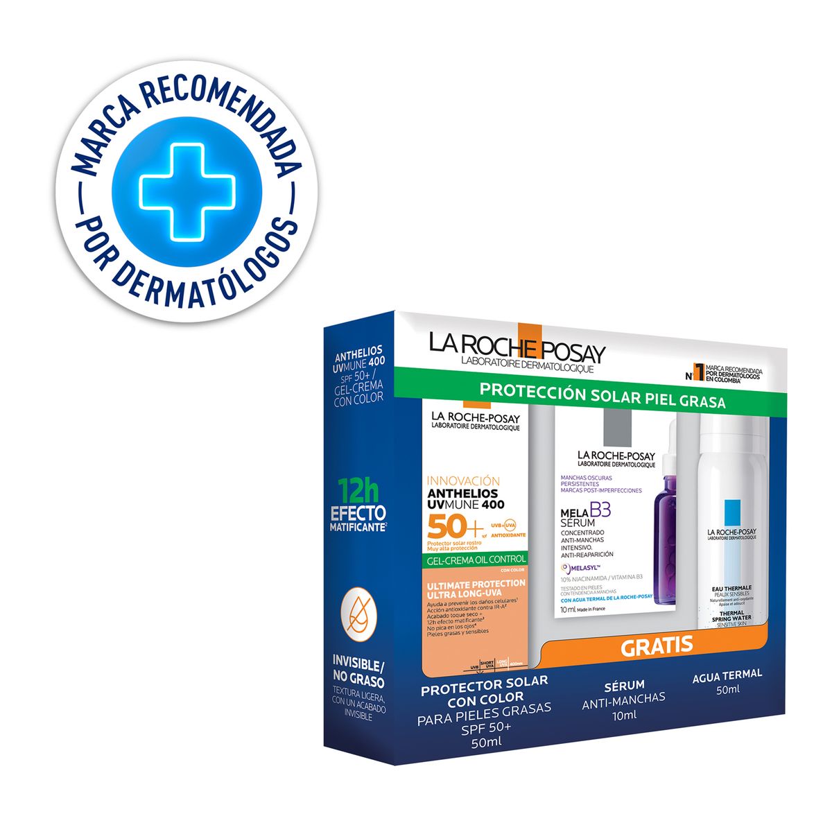 LA ROCHE POSAY - Set Pack Anthelios Oil Control Gel Con Color+ Mela B3 Sérum + Agua Termal La Roche Posay Incluye 3 Productos