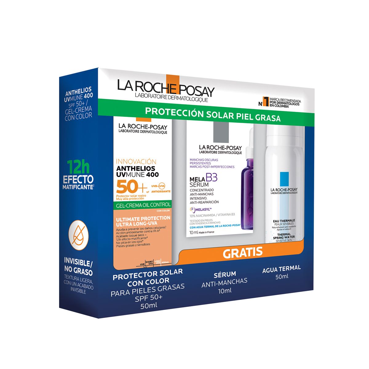 LA ROCHE POSAY - Set Pack Anthelios Oil Control Gel Con Color+ Mela B3 Sérum + Agua Termal La Roche Posay Incluye 3 Productos