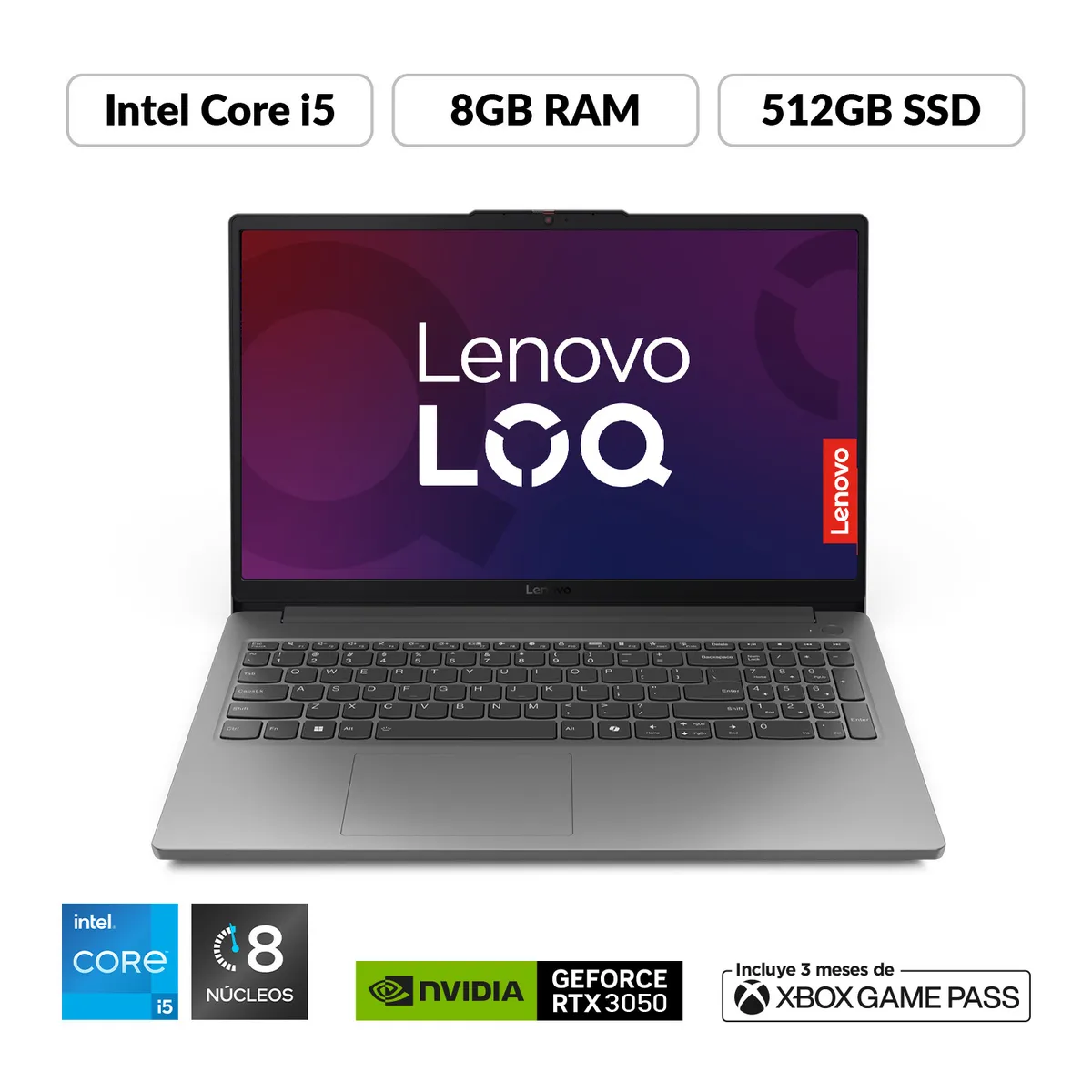 LENOVO - Portátil Gamer Lenovo LOQ| Geforce RTX 3050 |Intel Core i5 Serie HX | 8GB de RAM | 512GB SSD de Almacenamiento | Windows 11 | Pantalla 15.6 pulgadas | LOQ | Computador Portátil 
