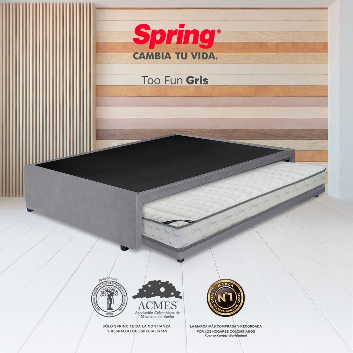 COLCHONES SPRING - Colchón Spring Sencillo con Cama Nido Firmeza Media Ortopedico Espuma Too Fun 100 cm x 190 cm x 34 cm