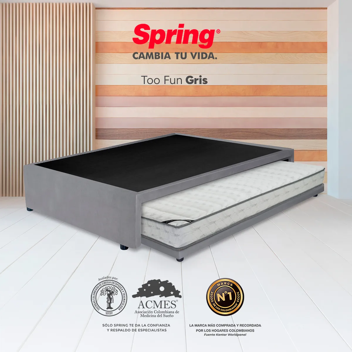 COLCHONES SPRING - Colchón Spring Semidoble con Cama Nido Firmeza Media Ortopedico Espuma Too Fun 120 cm x 190 cm x 34 cm