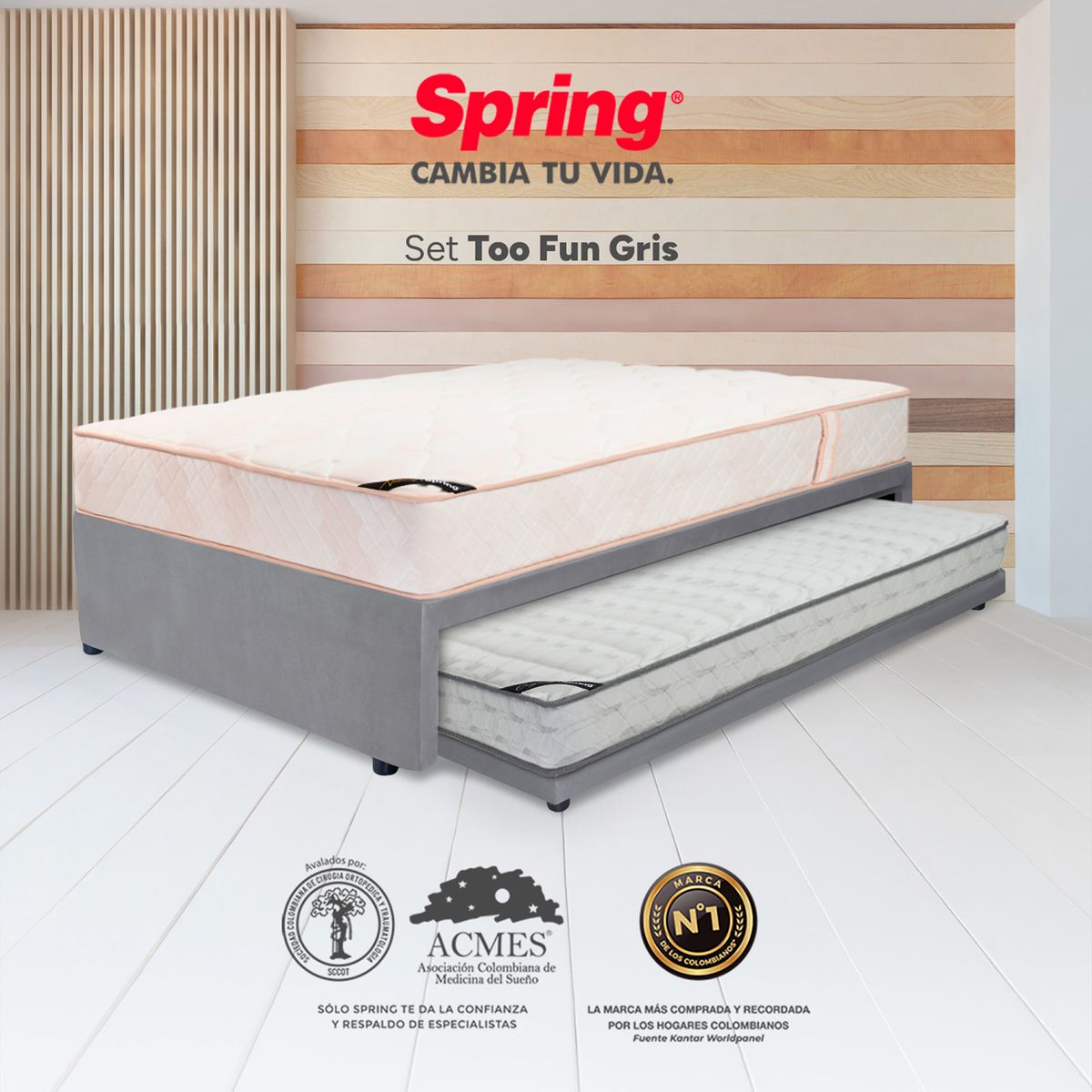 COLCHONES SPRING - Colchón Spring Semidoble con Cama Nido Firmeza Media Ortopedico Espuma Too Fun 120 cm x 190 cm x 34 cm