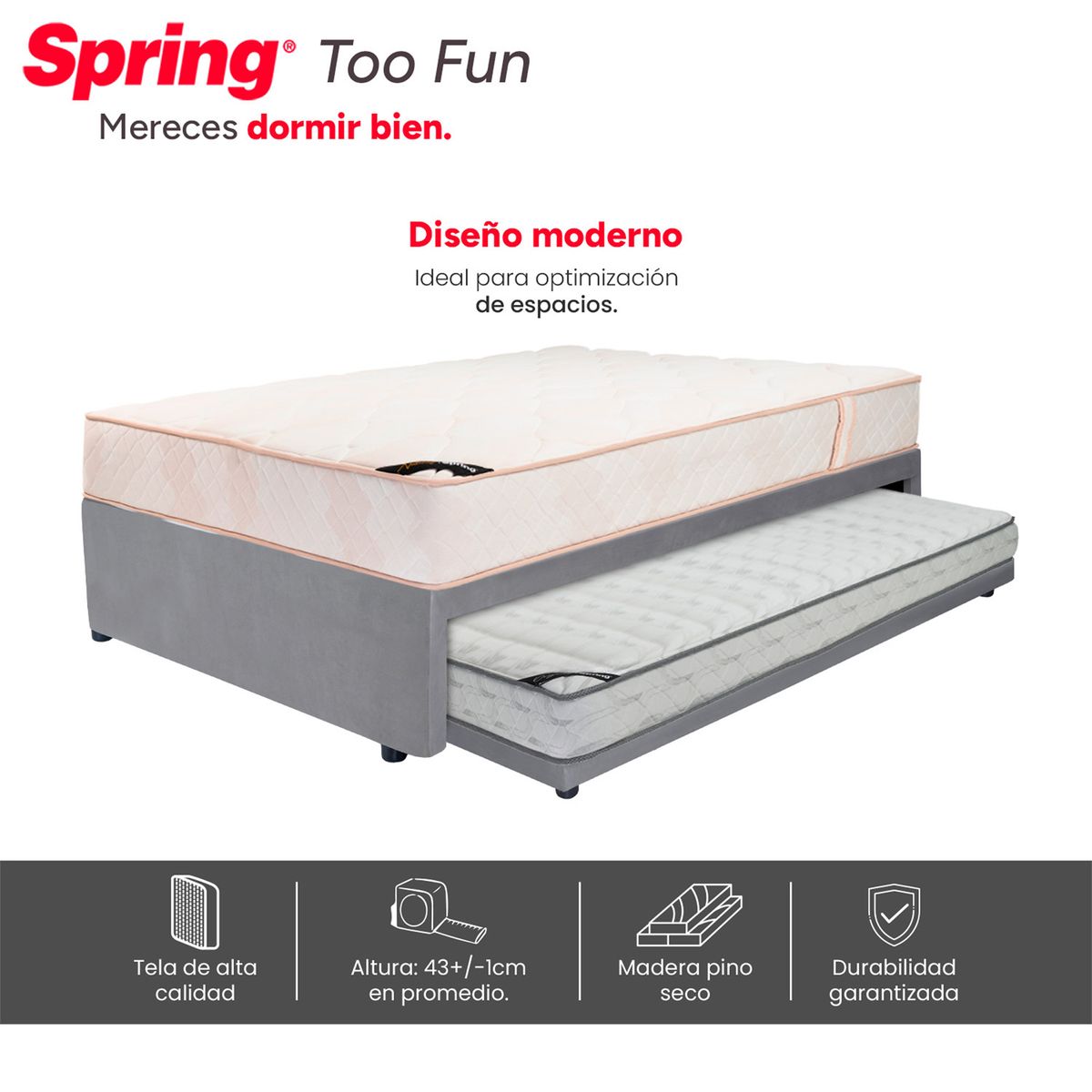 COLCHONES SPRING - Colchón Spring Semidoble con Cama Nido Firmeza Media Ortopedico Espuma Too Fun 120 cm x 190 cm x 34 cm