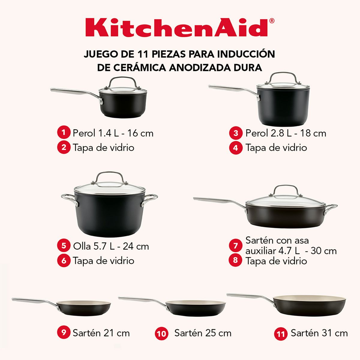 KITCHENAID - Juego de ollas de cerámica KitchenAid Anodizado duro 11 piezas