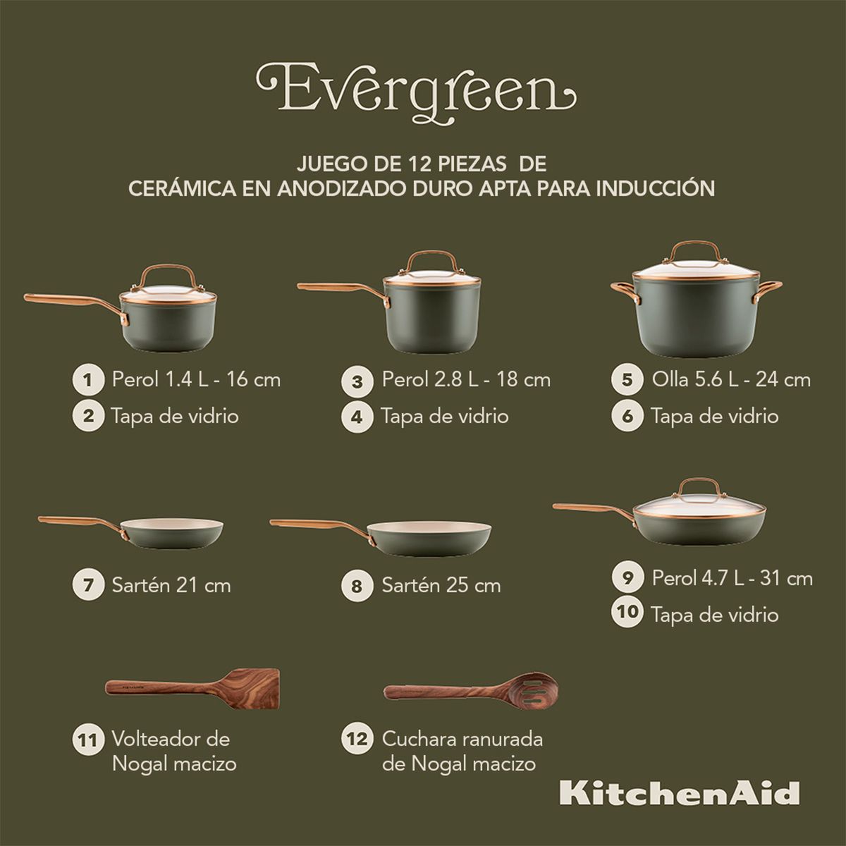 KITCHENAID - Juego de ollas de cerámica KitchenAid Anodizado duro 12 piezas