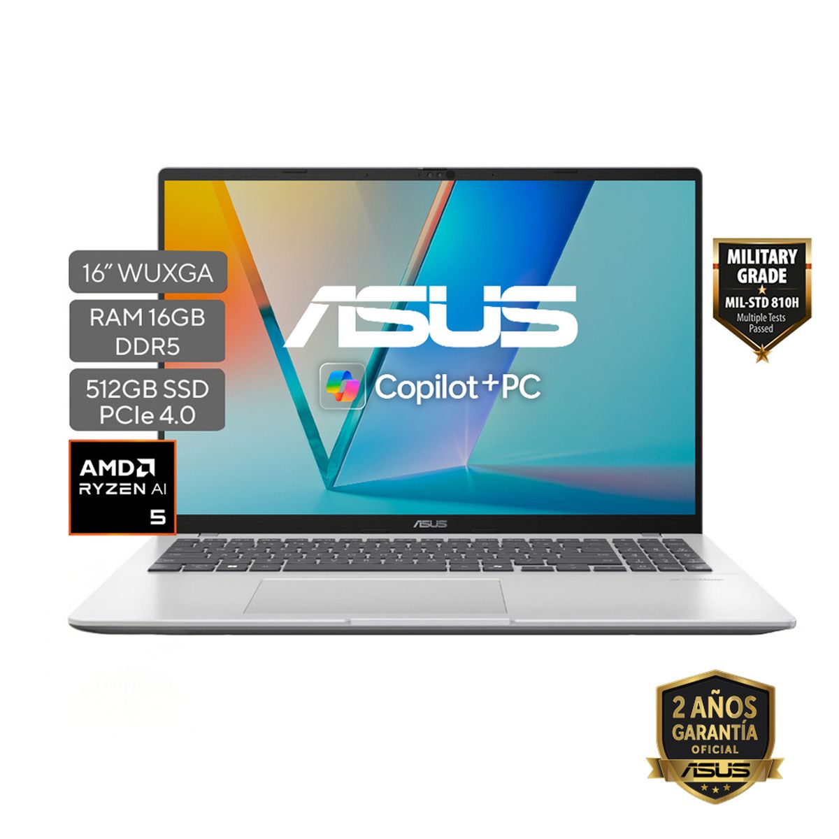 ASUS - Portátil ASUS Vivobook 16 |AMD Ryzen AI 5 | DDR5 16GB|  512 GB SSD de almacenamiento | Windows 11 |16 Pulgadas |M1607KA-MB150W |  Computador portátil