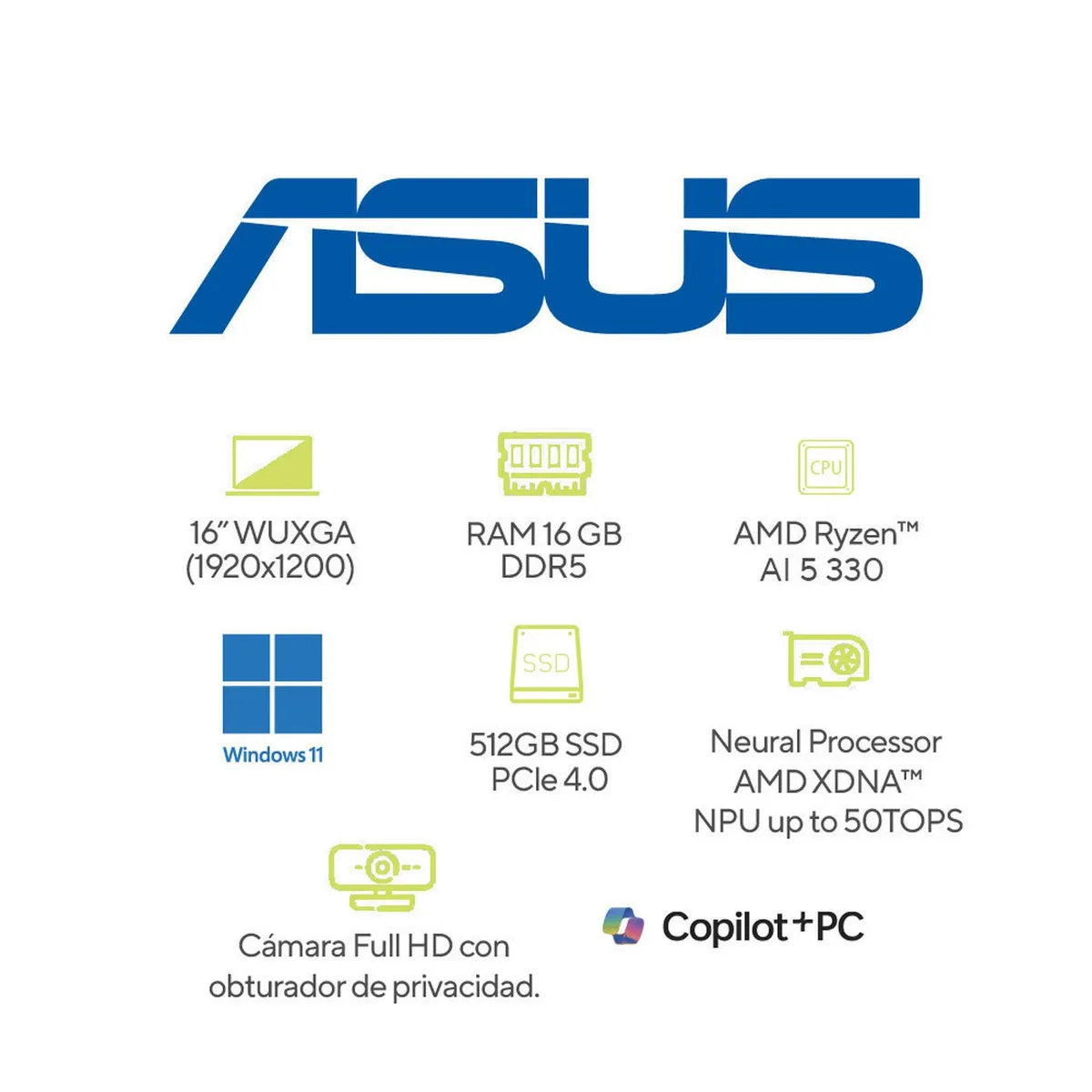 ASUS - Portátil ASUS Vivobook 16 |AMD Ryzen AI 5 | DDR5 16GB|  512 GB SSD de almacenamiento | Windows 11 |16 Pulgadas |M1607KA-MB150W |  Computador portátil