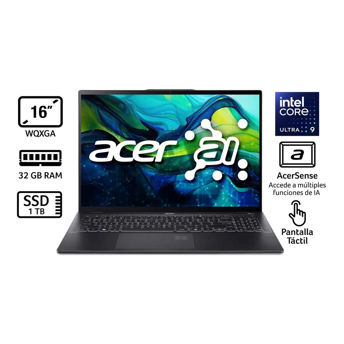 ACER - Portátil Táctil Swift 16 Acer | Intel Core Ultra 9 | 32GB de RAM | 1TB SSD de Almacenamiento | Windows 11 | Pantalla 16 pulgadas | SF16-51T-966Z | Computador portátil Táctil 