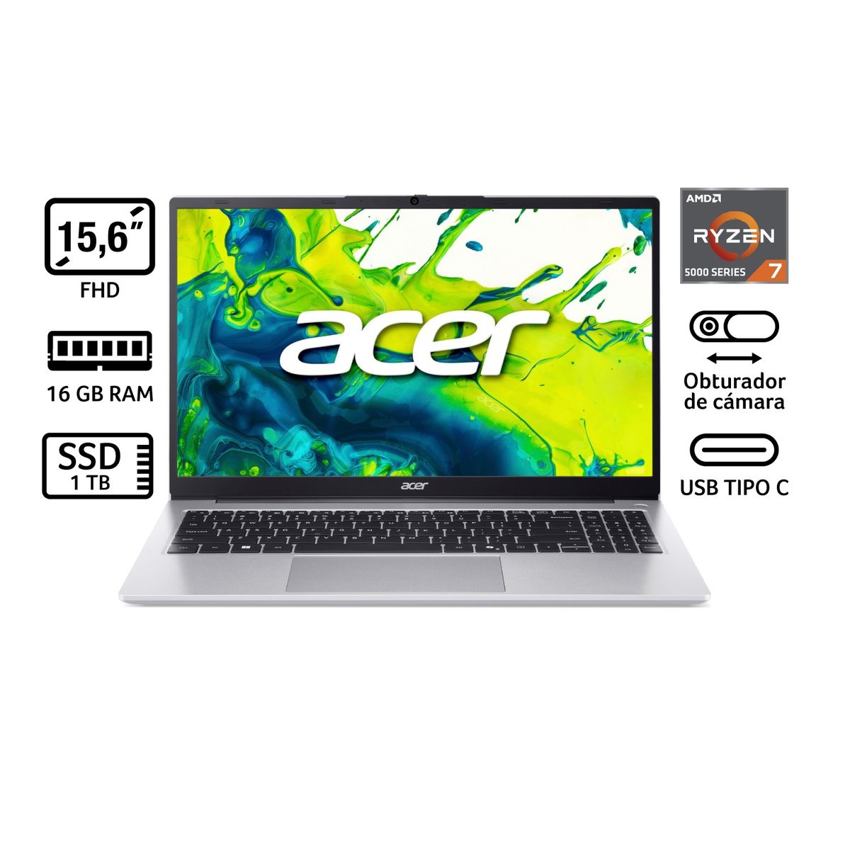 ACER - Portátil Aspire Acer | AMD Ryzen 7 | 16GB de RAM | 1TB SSD de Almacenamiento | Windows 11 | Pantalla 15.6 pulgadas | AL15-43P-R53C | Computador portátil