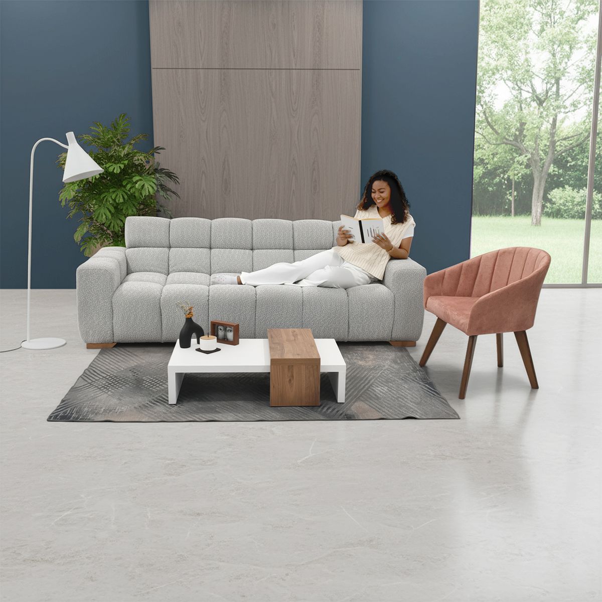 HOGAR VENECIA - Sala con Sofa Cama Mikkeli  Plata Potrona Siret Salmon y Mesa centro Ginebra