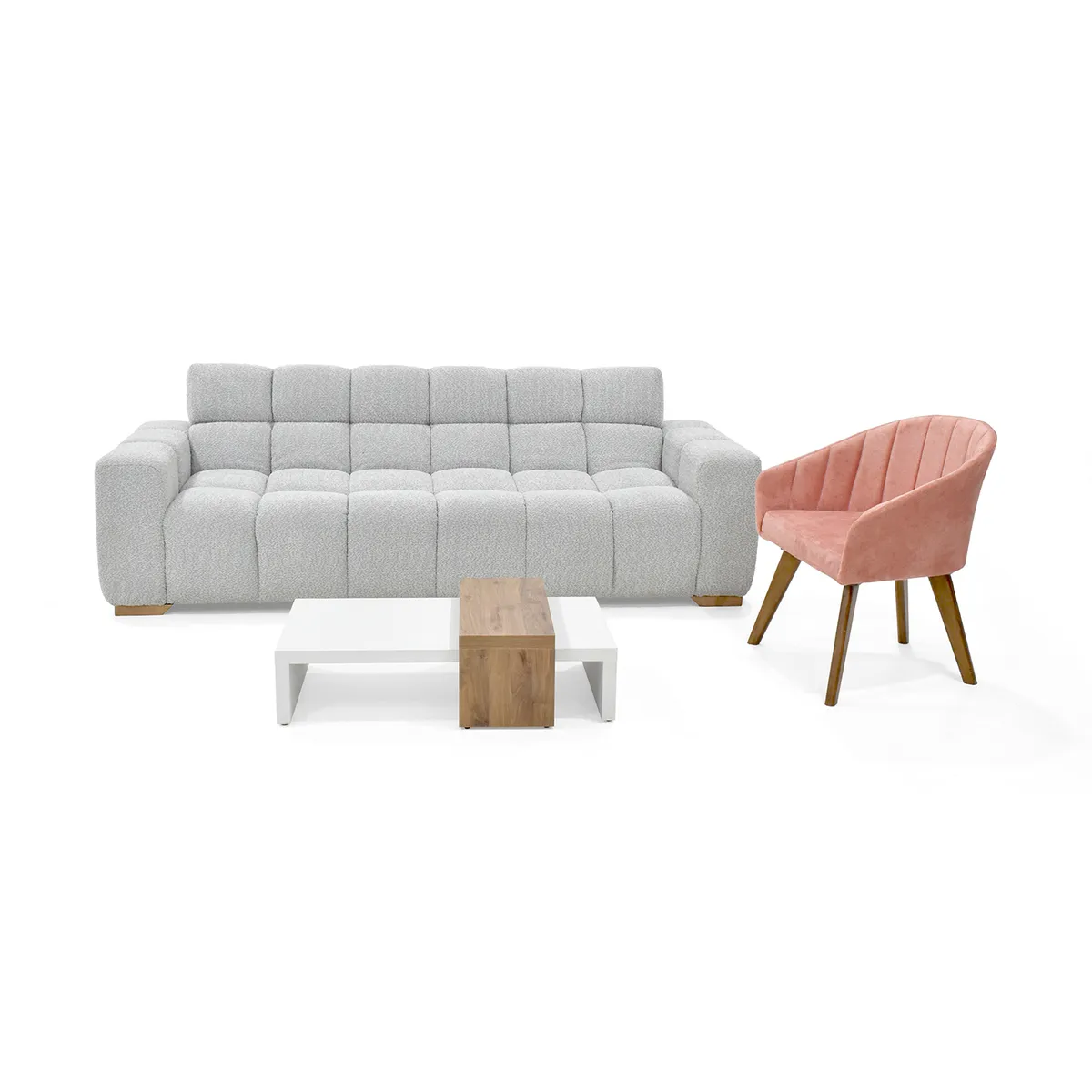 HOGAR VENECIA - Sala con Sofa Cama Mikkeli  Plata Potrona Siret Salmon y Mesa centro Ginebra