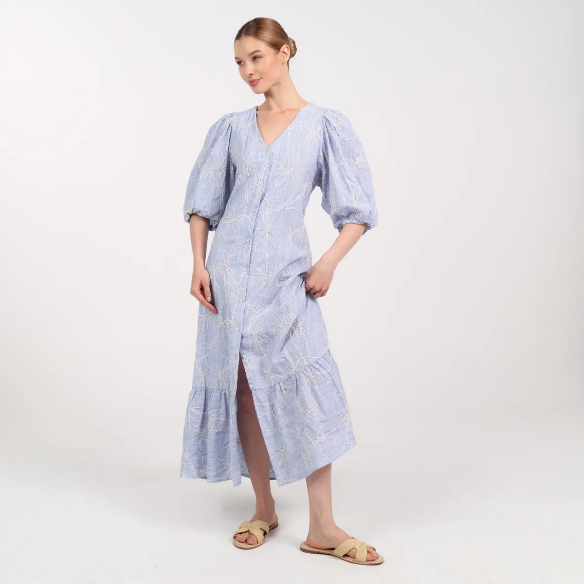 BASEMENT - Vestido Mujer Largo Casual con Ojalillo Basement