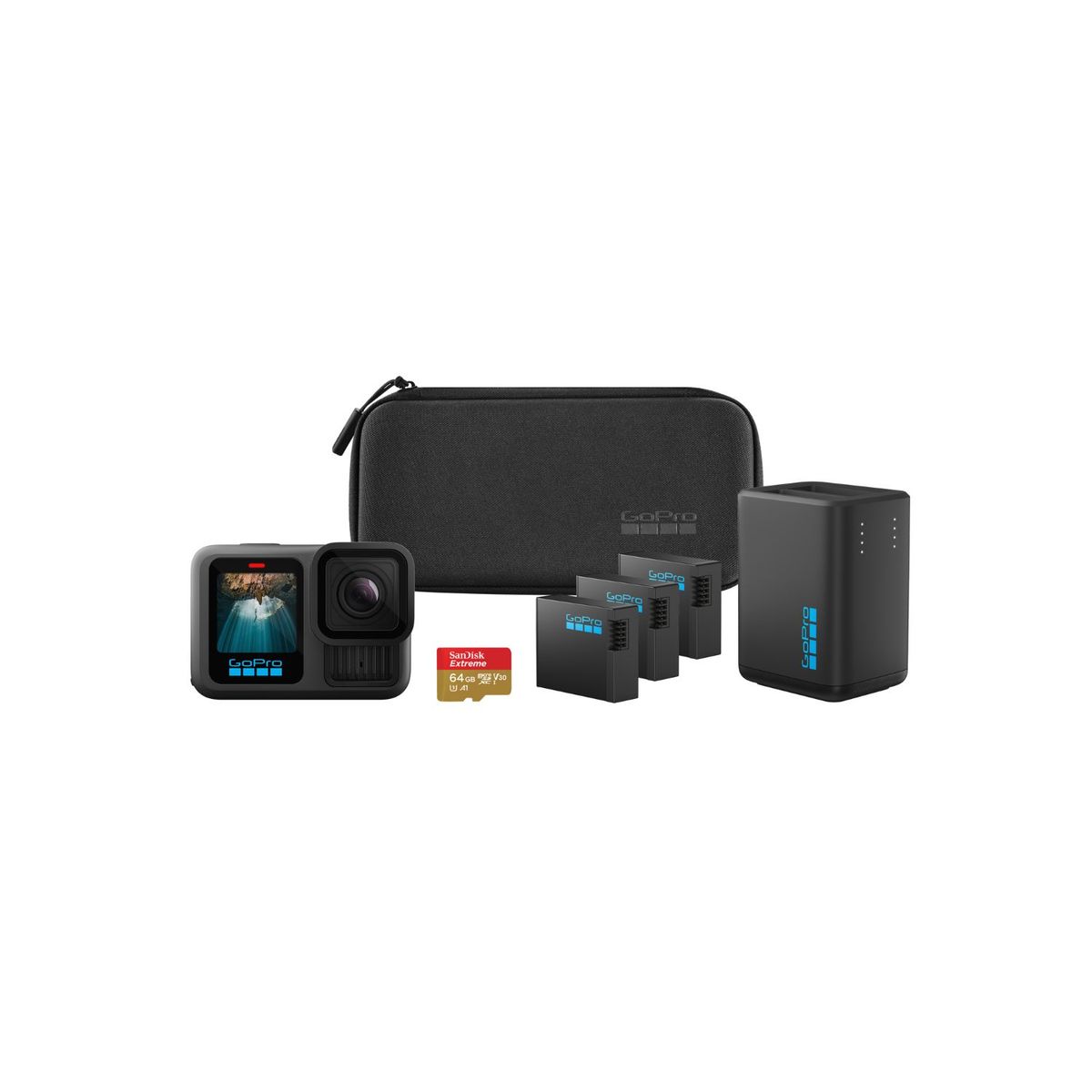 GOPRO - Cámara deportiva GoPro HERO13 Combo cargador + 3 baterías + micro SD + estuche Black Extended Power Bundle