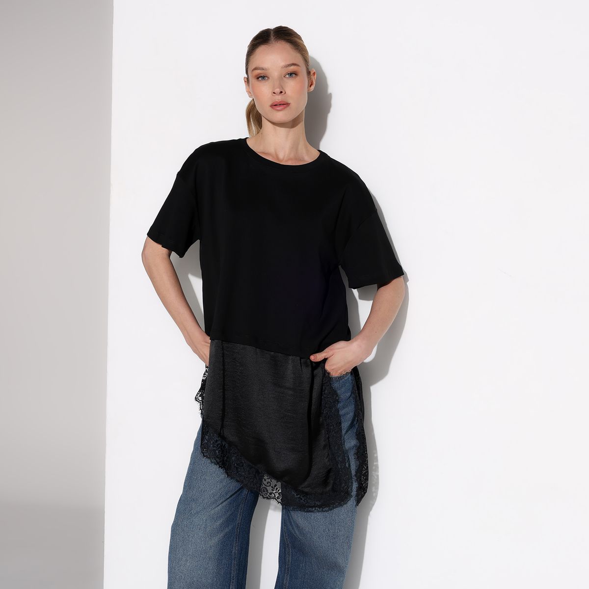 BASEMENT - Vestido Mujer Largo Casual con Encaje de Algodón Basement