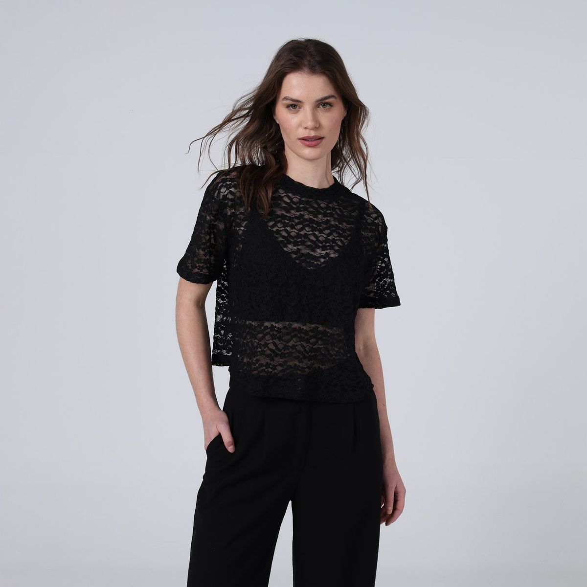 BASEMENT - Blusa Mujer con Encaje Manga corta Basement