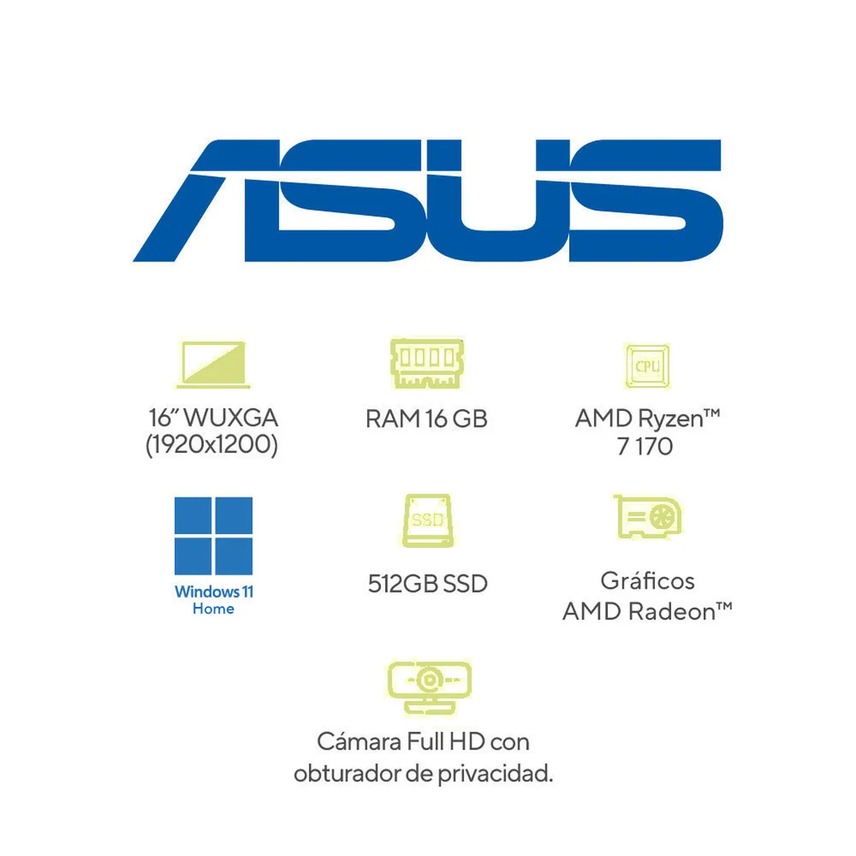 ASUS - Portátil ASUS Vivobook 16 |AMD Ryzen 7 | DDR5 16GB|  512 GB SSD de almacenamiento | Windows 11 Home|15.6 Pulgadas |M1605NAQ-MB092W |  Computador portátil