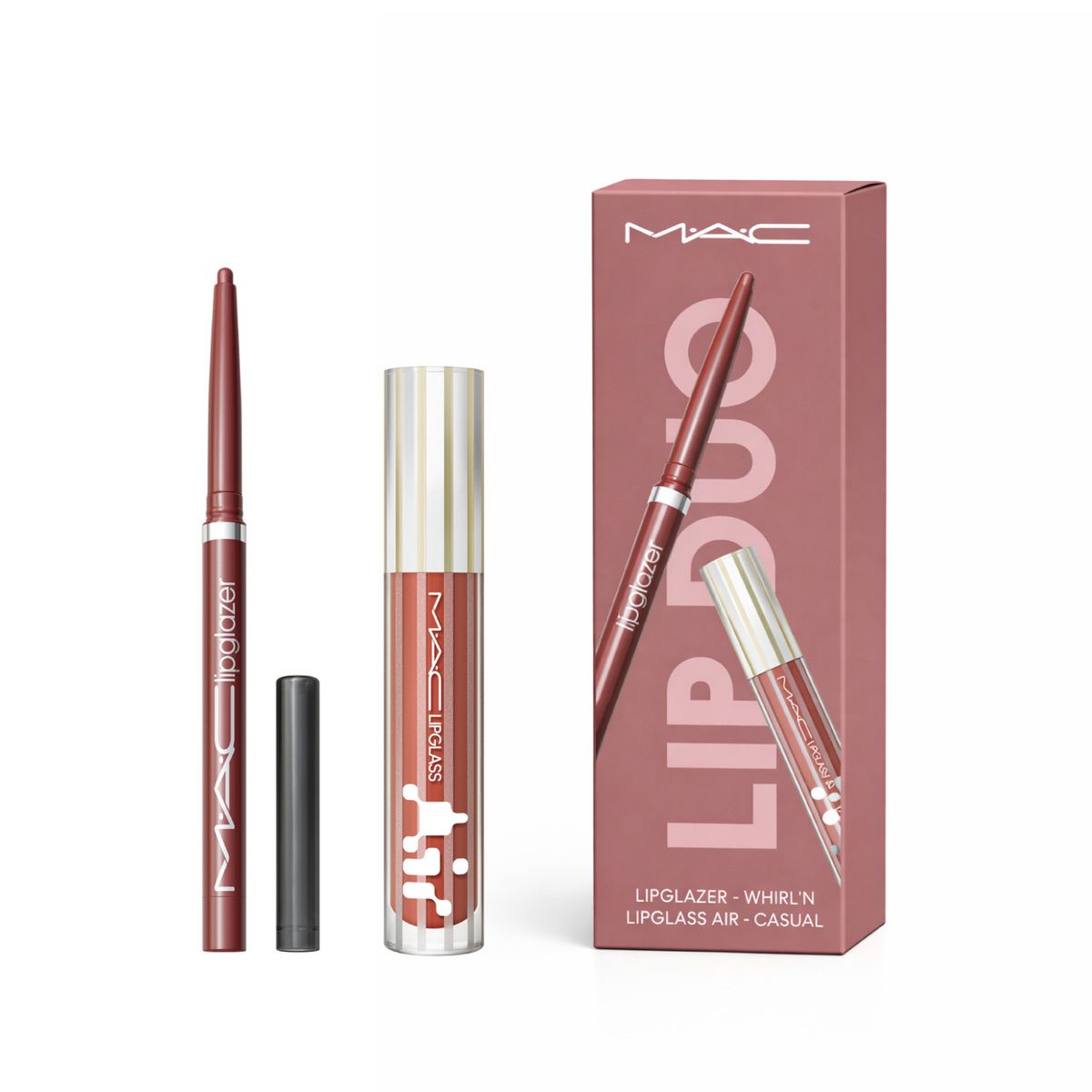 MAC COSMETICS - Set Brillo labial Lip Duo delineador LipGlazer Whirlin' & brillo LipGlass Air Casual Mac Cosmetics