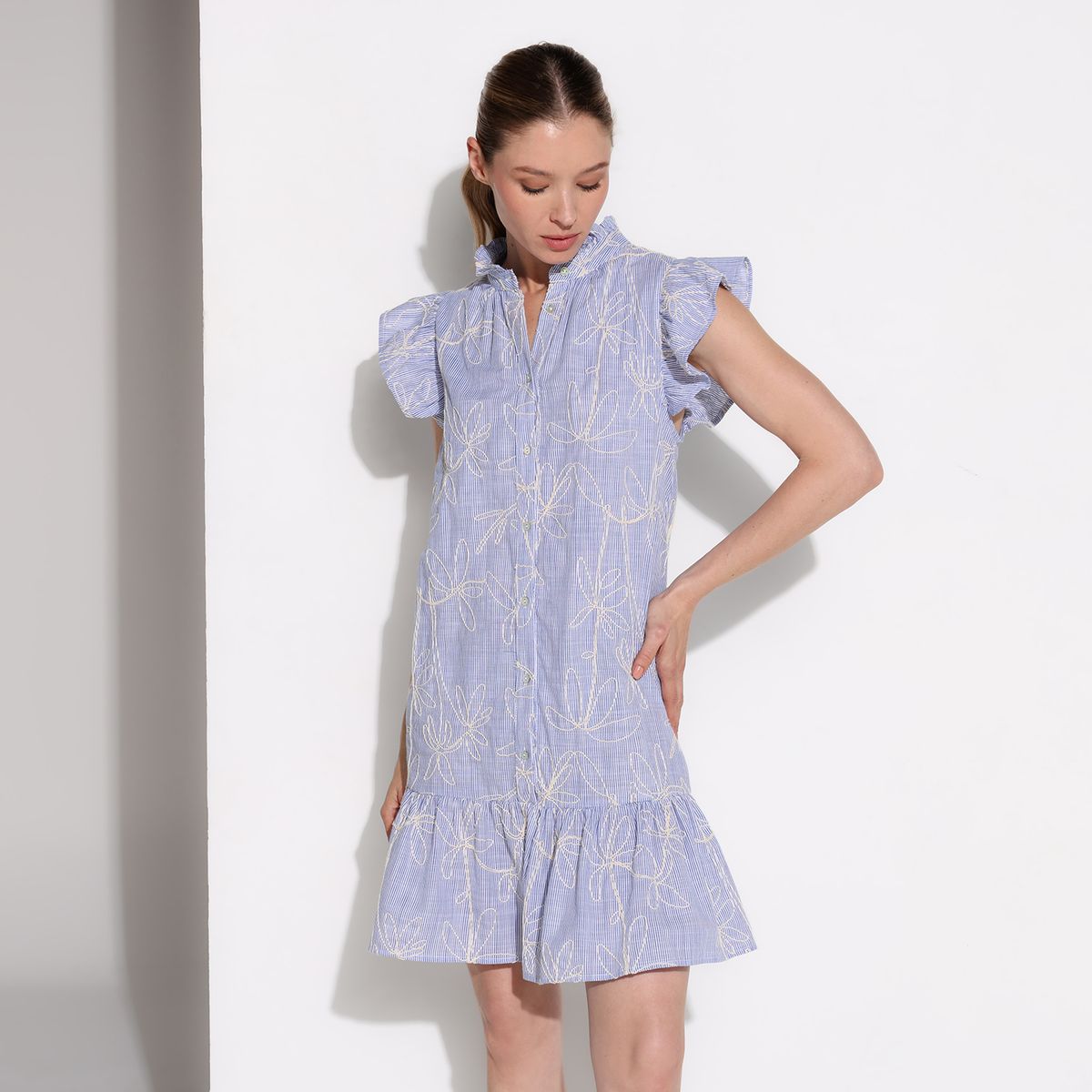 BASEMENT - Vestido Mujer Corto Casual con Ojalillo de Algodón Basement