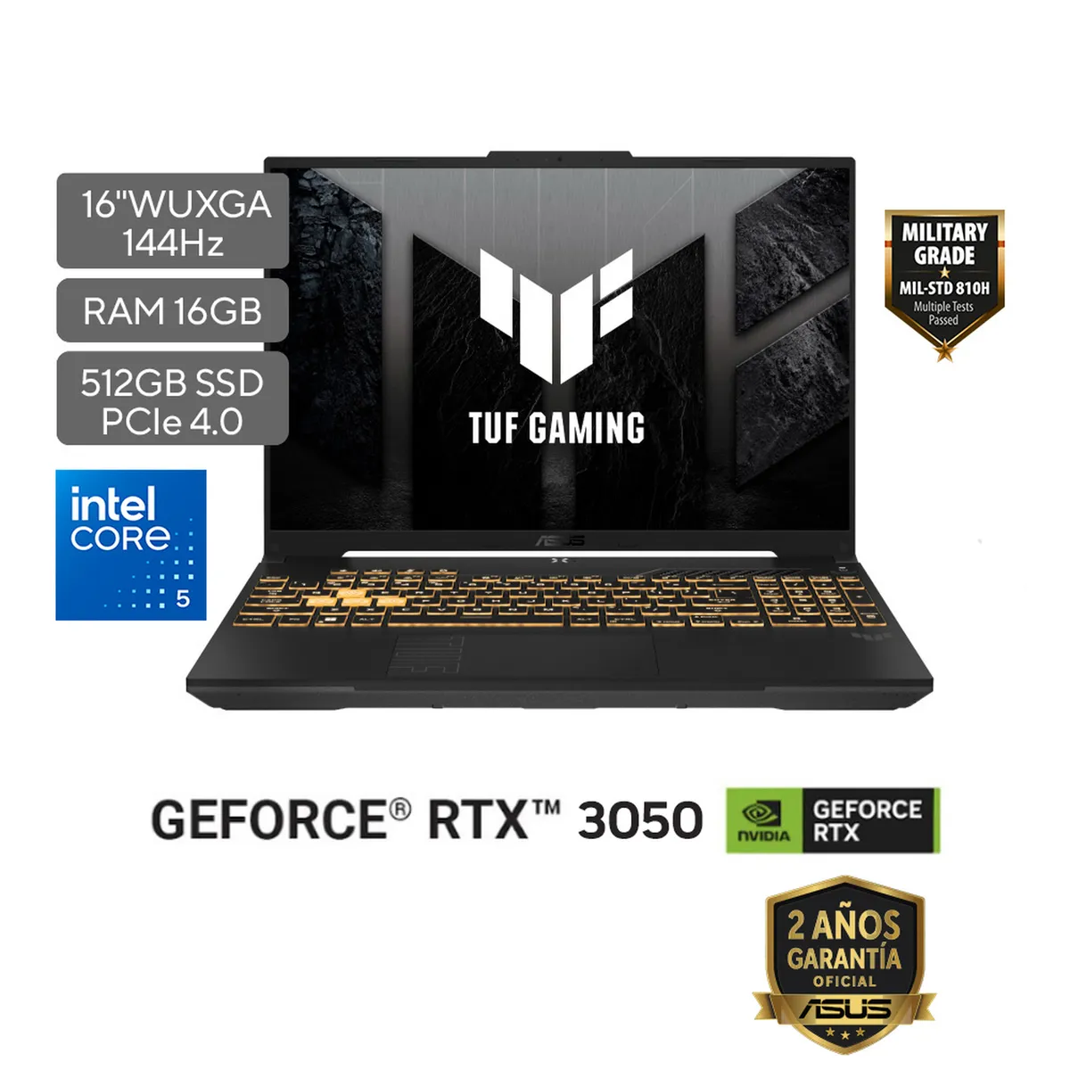 ASUS - Portátil ASUS TUF Gaming F16 | Intel® Core™ 5 |  GeForce RTX™ 3050 |DDR5 16GB| 512 GB SSD de almacenamiento | Windows 11 |16 Pulgadas |FX607VJB-RL143W |  Computador portátil Gamer