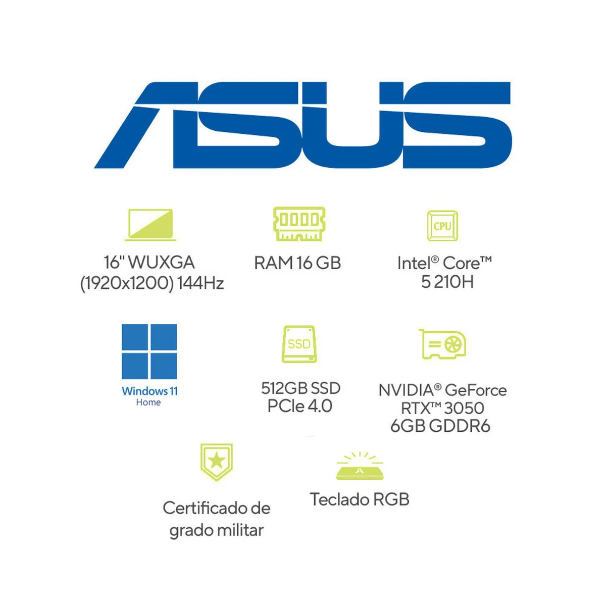 ASUS - Portátil ASUS TUF Gaming F16 | Intel® Core™ 5 |  GeForce RTX™ 3050 |DDR5 16GB| 512 GB SSD de almacenamiento | Windows 11 |16 Pulgadas |FX607VJB-RL143W |  Computador portátil Gamer