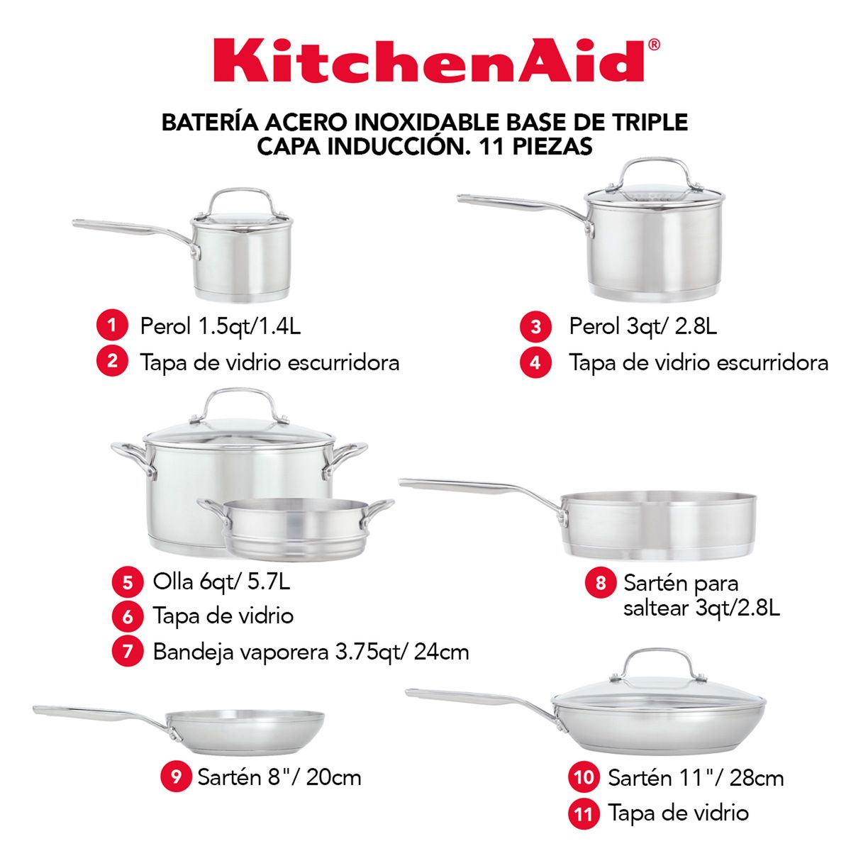 KITCHENAID - Juego de ollas KitchenAid: Acero inoxidable 11 piezas placa de inducción