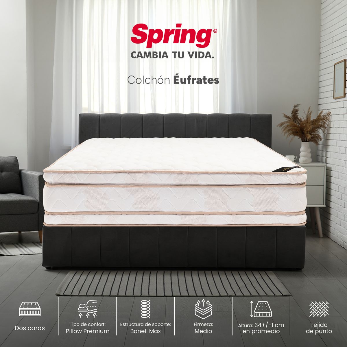 COLCHONES SPRING - Colchón Sencillo Medio Resortes COLCHON-NATU EUFRATES-100X190 cm Spring