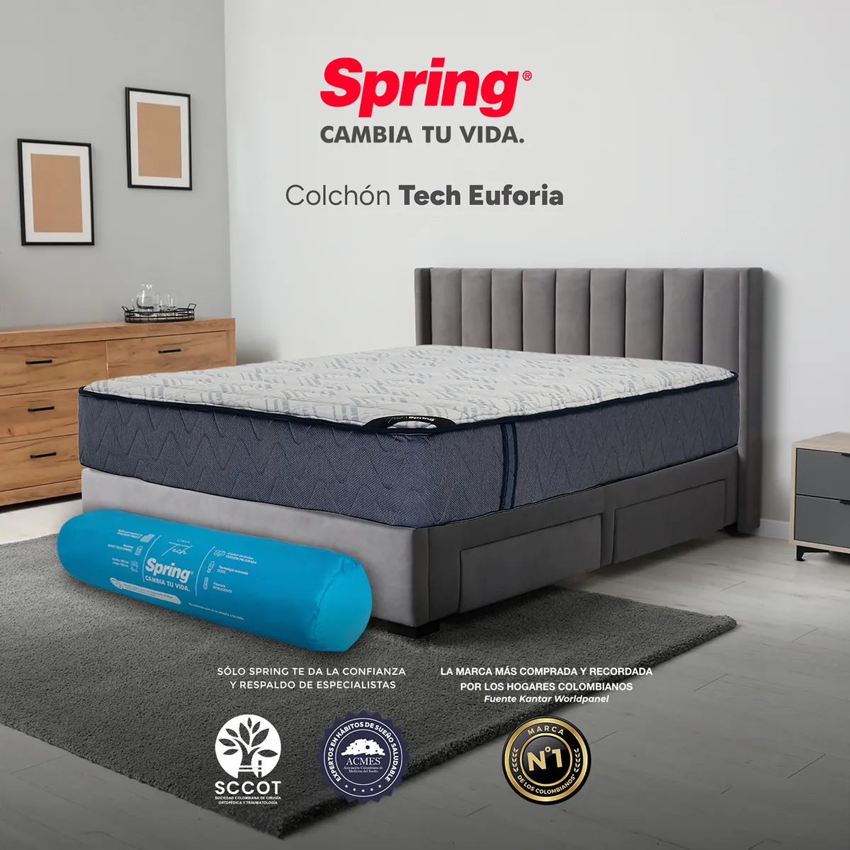 COLCHONES SPRING - Colchón Enrollado Tech Euforia Firmeza Media Resortes Pocket Spring