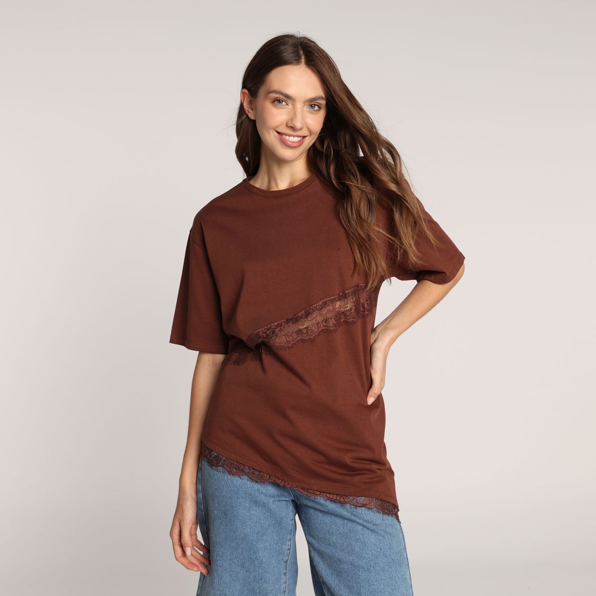 SYBILLA - Camiseta Mujer Encaje Manga corta de Algodón Sybilla