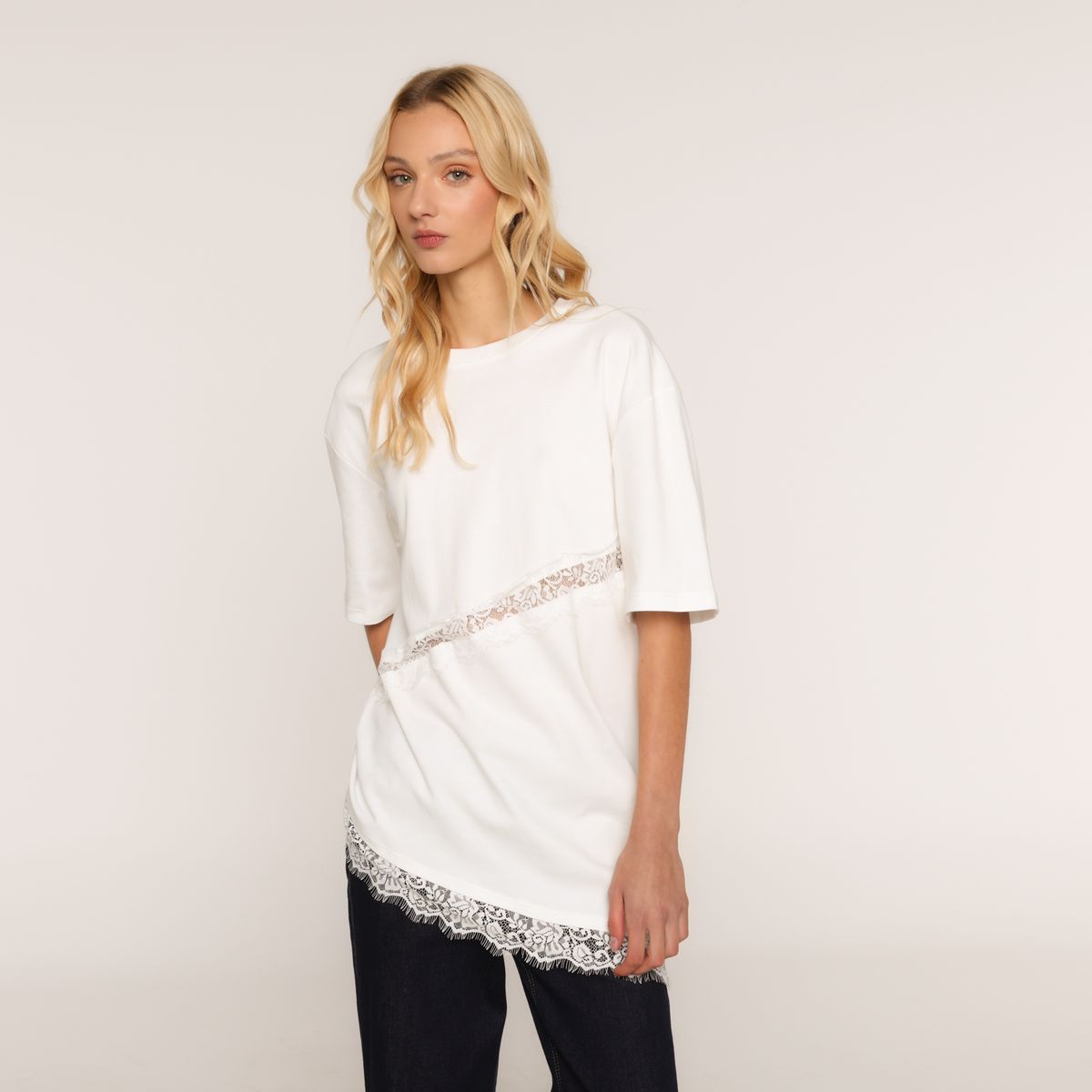 SYBILLA - Camiseta Mujer Encaje Manga corta de Algodón Sybilla