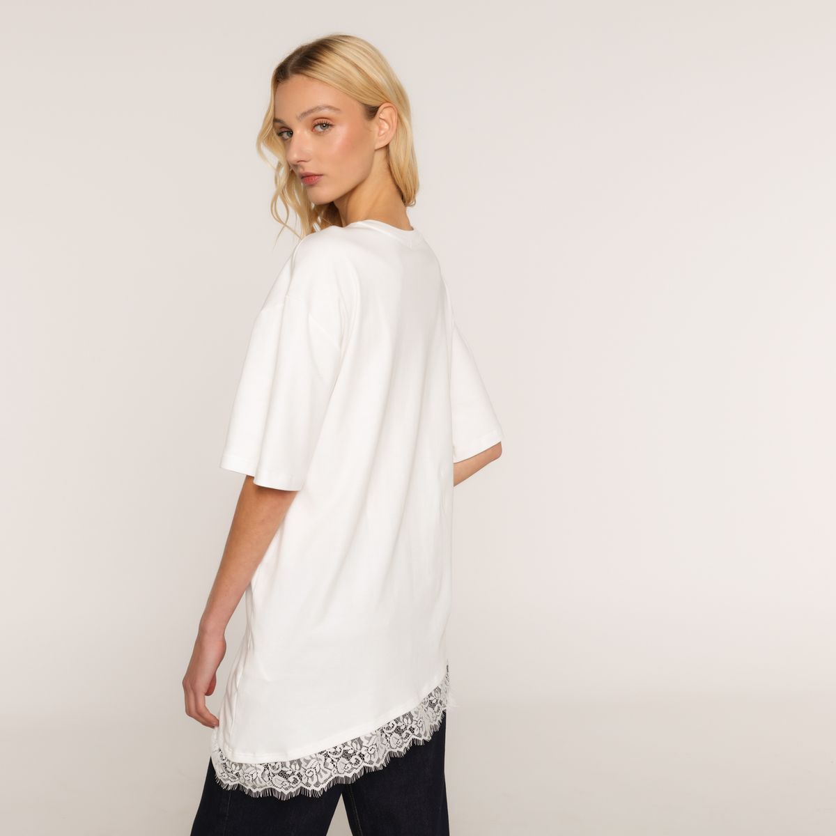 SYBILLA - Camiseta Mujer Encaje Manga corta de Algodón Sybilla