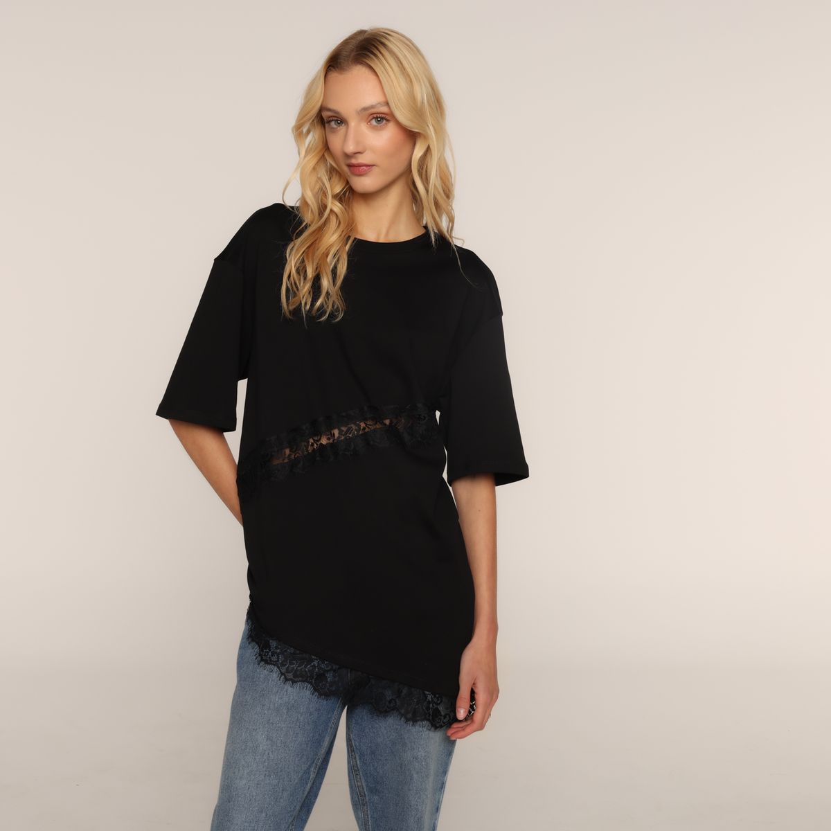 SYBILLA - Camiseta Mujer Encaje Manga corta de Algodón Sybilla