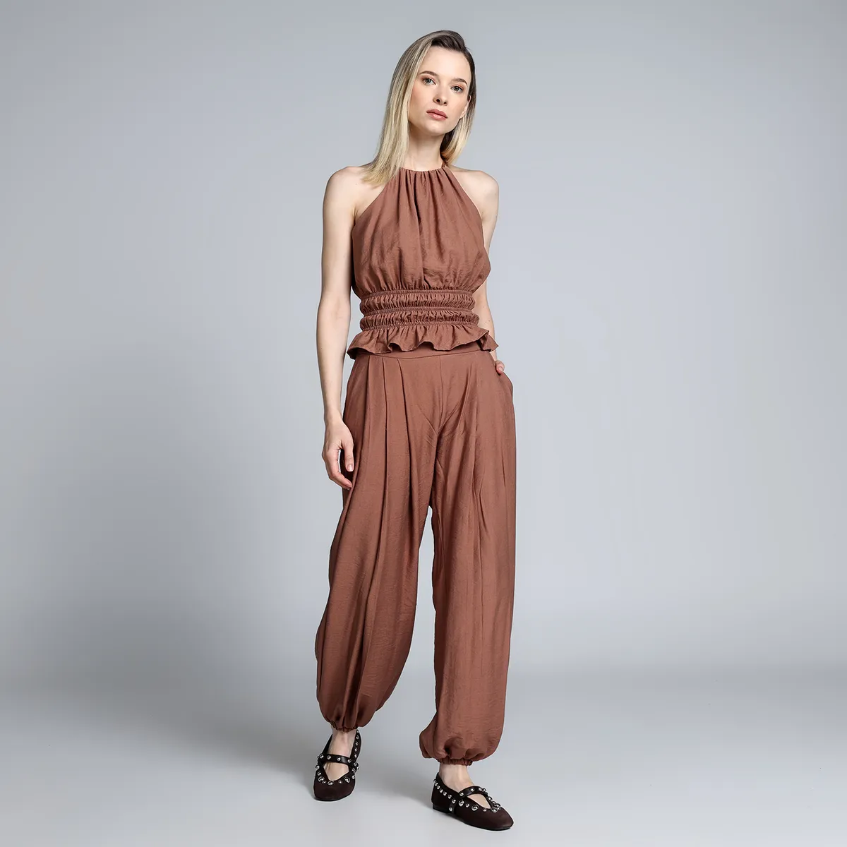 BASEMENT - Pantalón Balloon Mujer Tiro alto Rayon Basement