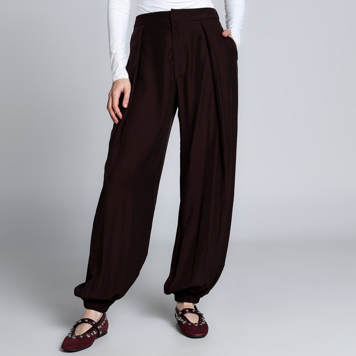 BASEMENT - Pantalón Balloon Mujer Tiro alto Rayon Basement