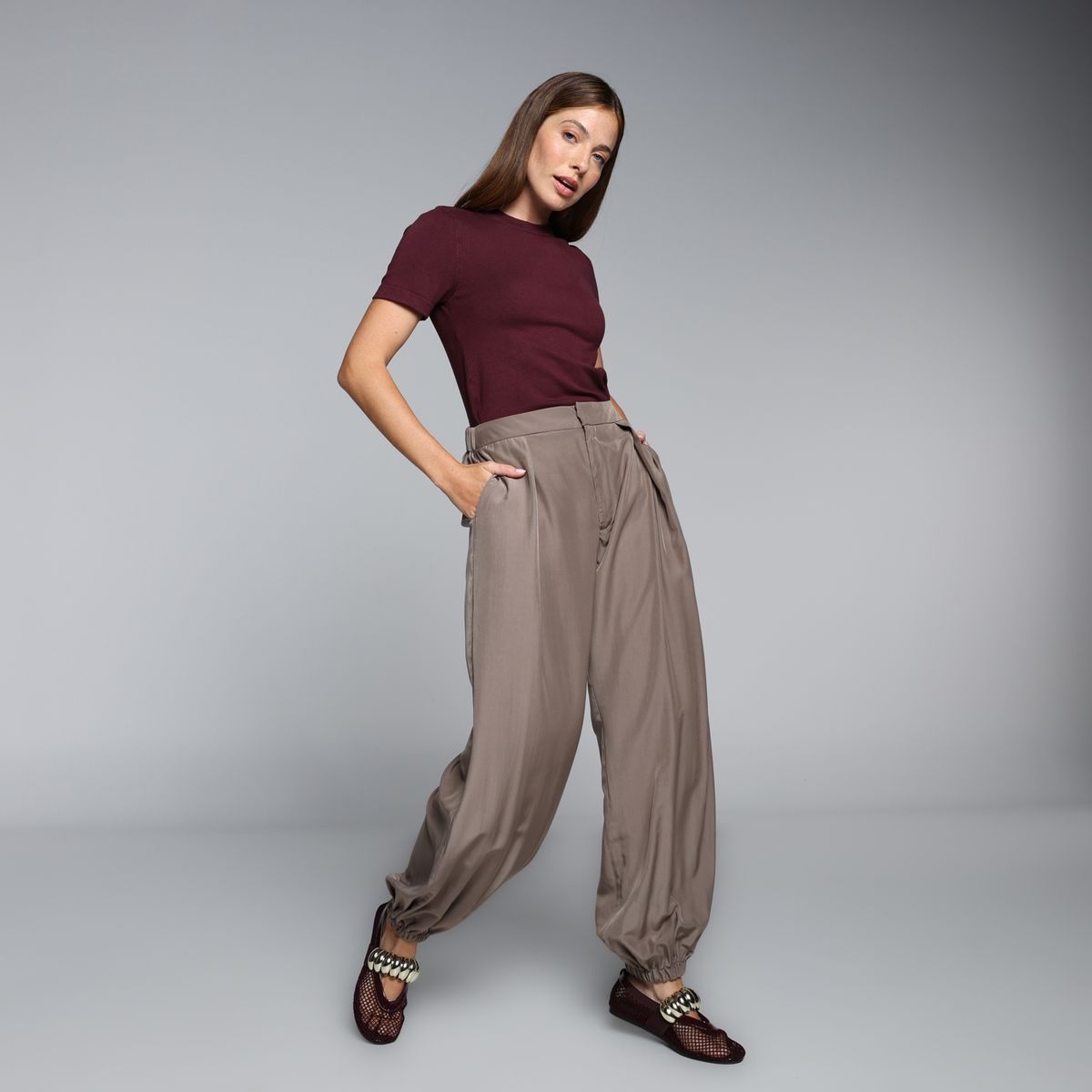 BASEMENT - Pantalón Balloon Mujer Tiro alto Rayon Basement