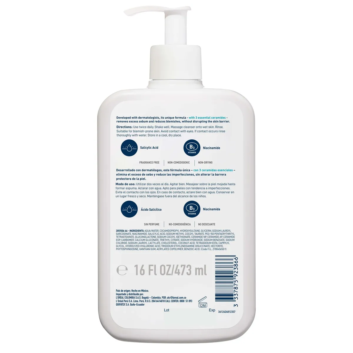 CERAVE - Tratamiento de acné Anti-Imperfecciones Limpiador CeraVe para Piel Grasa 473 ml