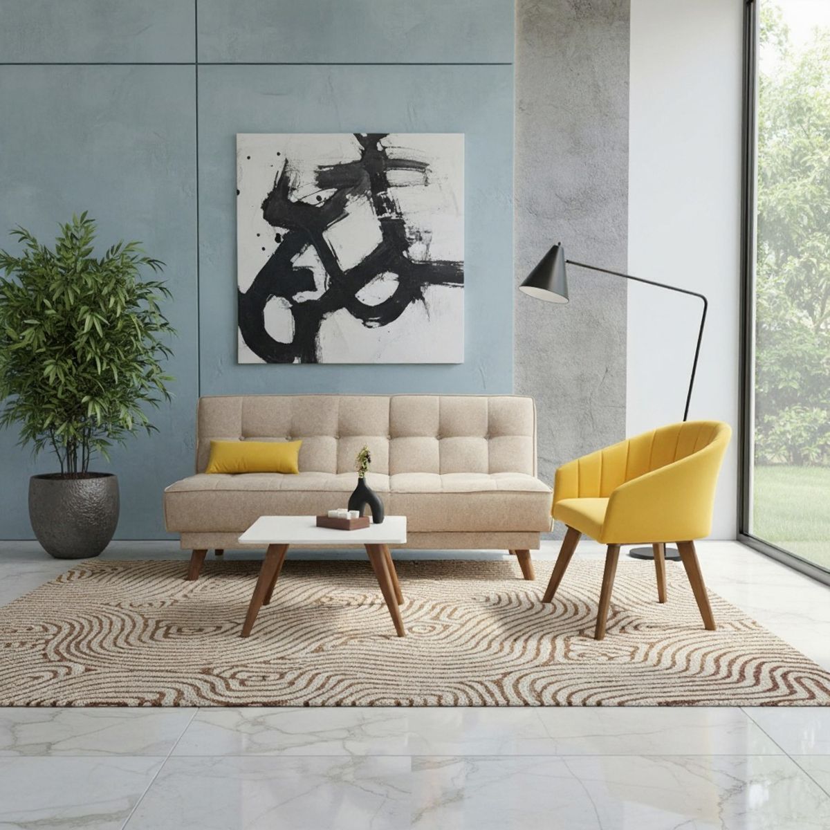 HOGAR VENECIA - Sala con Sofa Cama Portel Beige Poltrona Siret Mostaza y Mesa Taniz