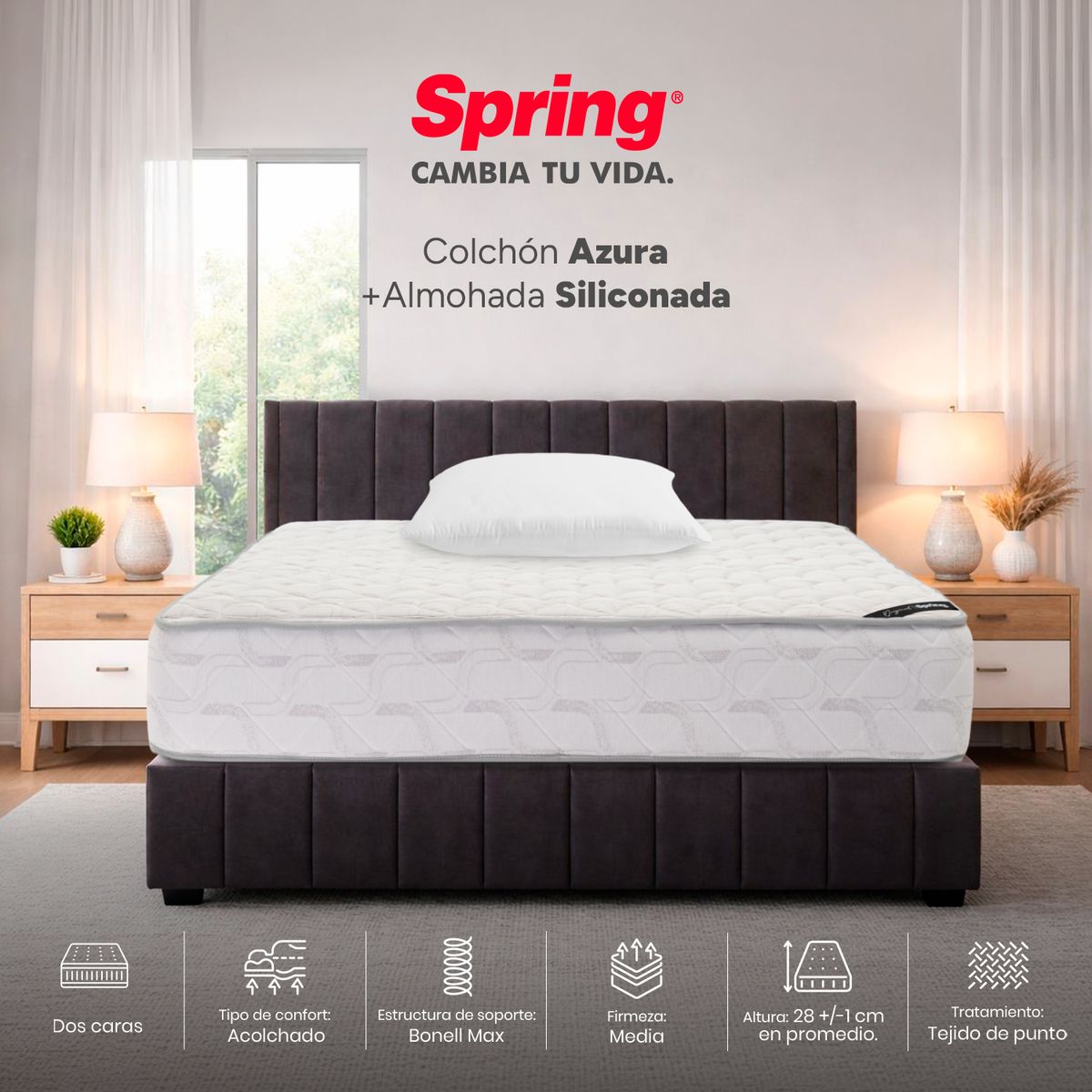 COLCHONES SPRING - Colchón Spring Azura Semidoble 120X190 Cm + Almohada Siliconada