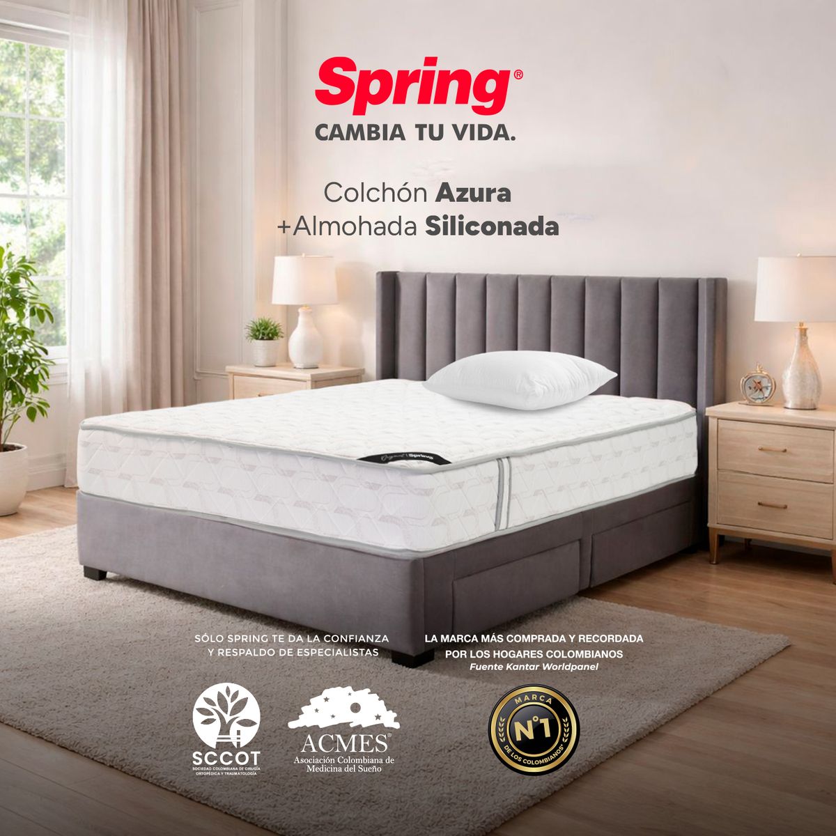 COLCHONES SPRING - Colchón Spring Azura Semidoble 120X190 Cm + Almohada Siliconada