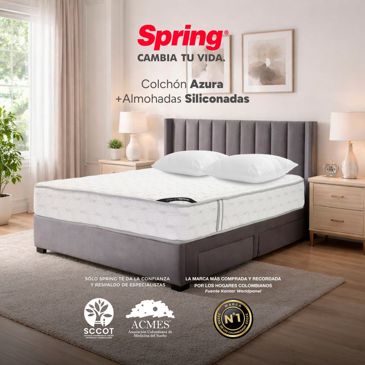 COLCHONES SPRING - Colchón Spring Azura King 200X200 Cm + Almohadas Siliconadas