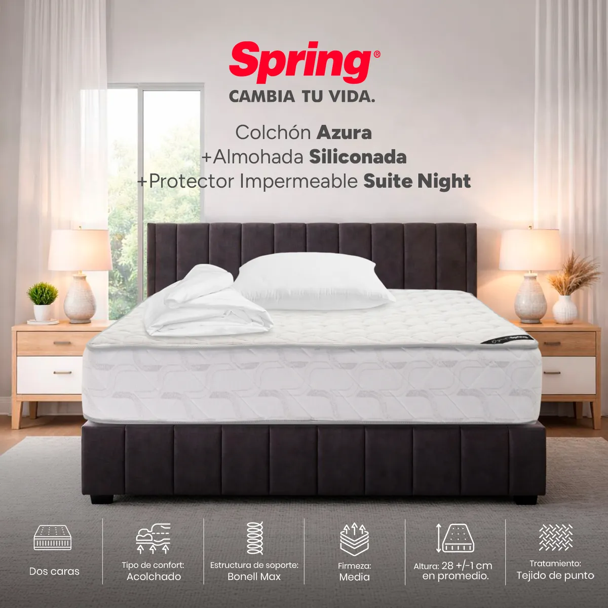 COLCHONES SPRING - Colchón Spring Azura Semidoble 120X190 Cm + Almohada Siliconada + Protector Impermeable