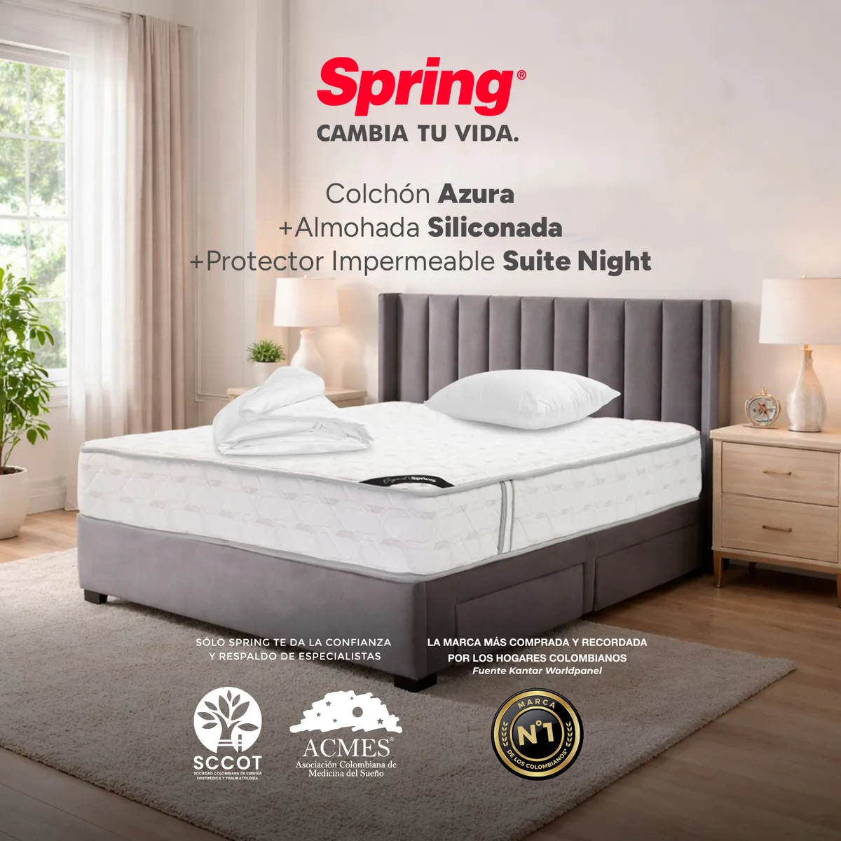 COLCHONES SPRING - Colchón Spring Azura Semidoble 120X190 Cm + Almohada Siliconada + Protector Impermeable