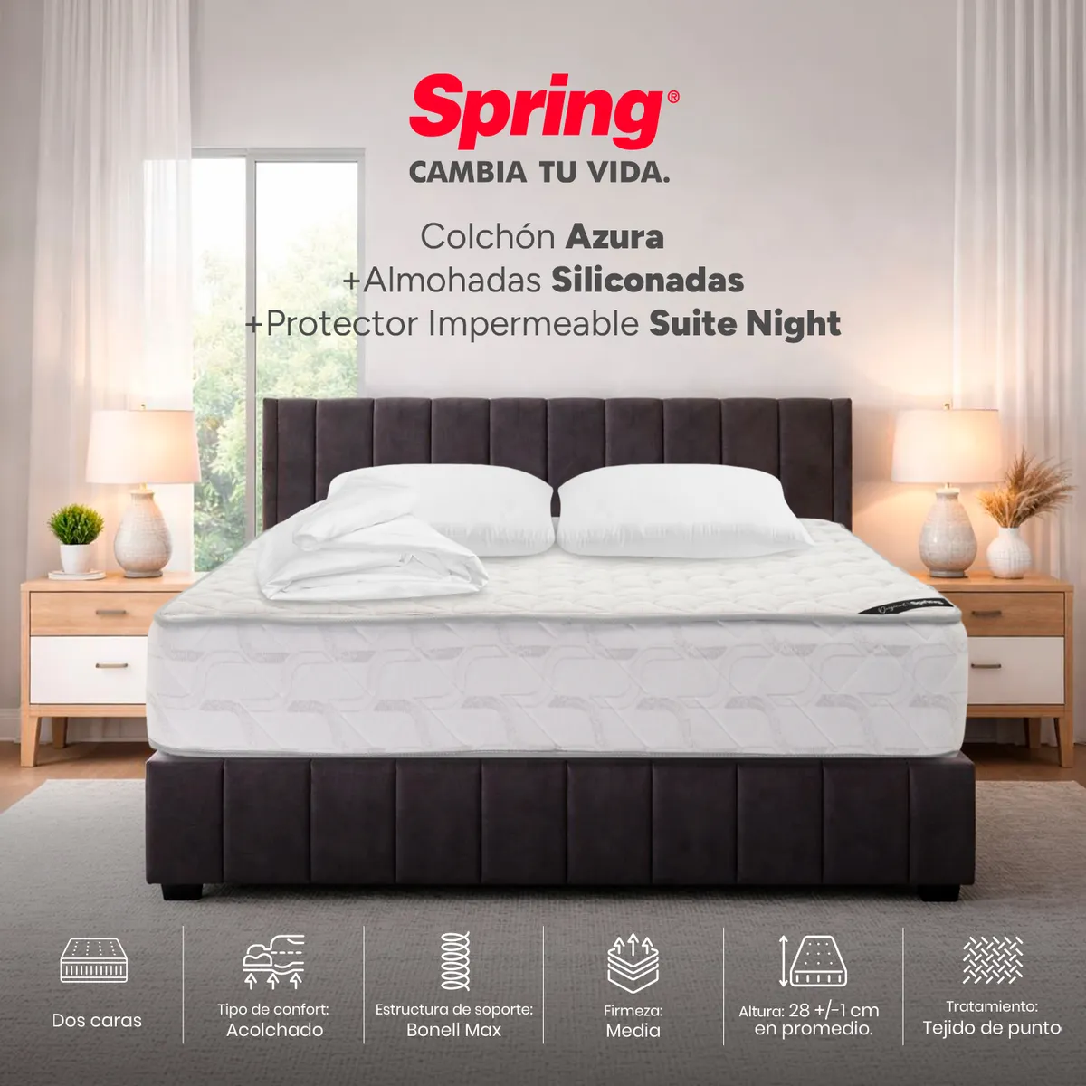 COLCHONES SPRING - Colchón Spring Azura Doble 140X190 Cm + Almohadas Siliconadas + Protector Impermeable