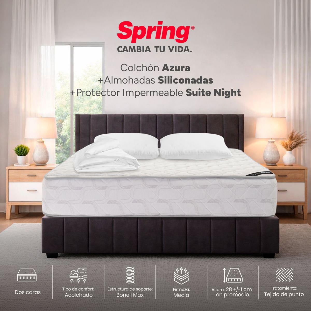 COLCHONES SPRING - Colchón Spring Azura Queen 160X190 Cm + Almohadas Siliconadas + Protector Impermeable