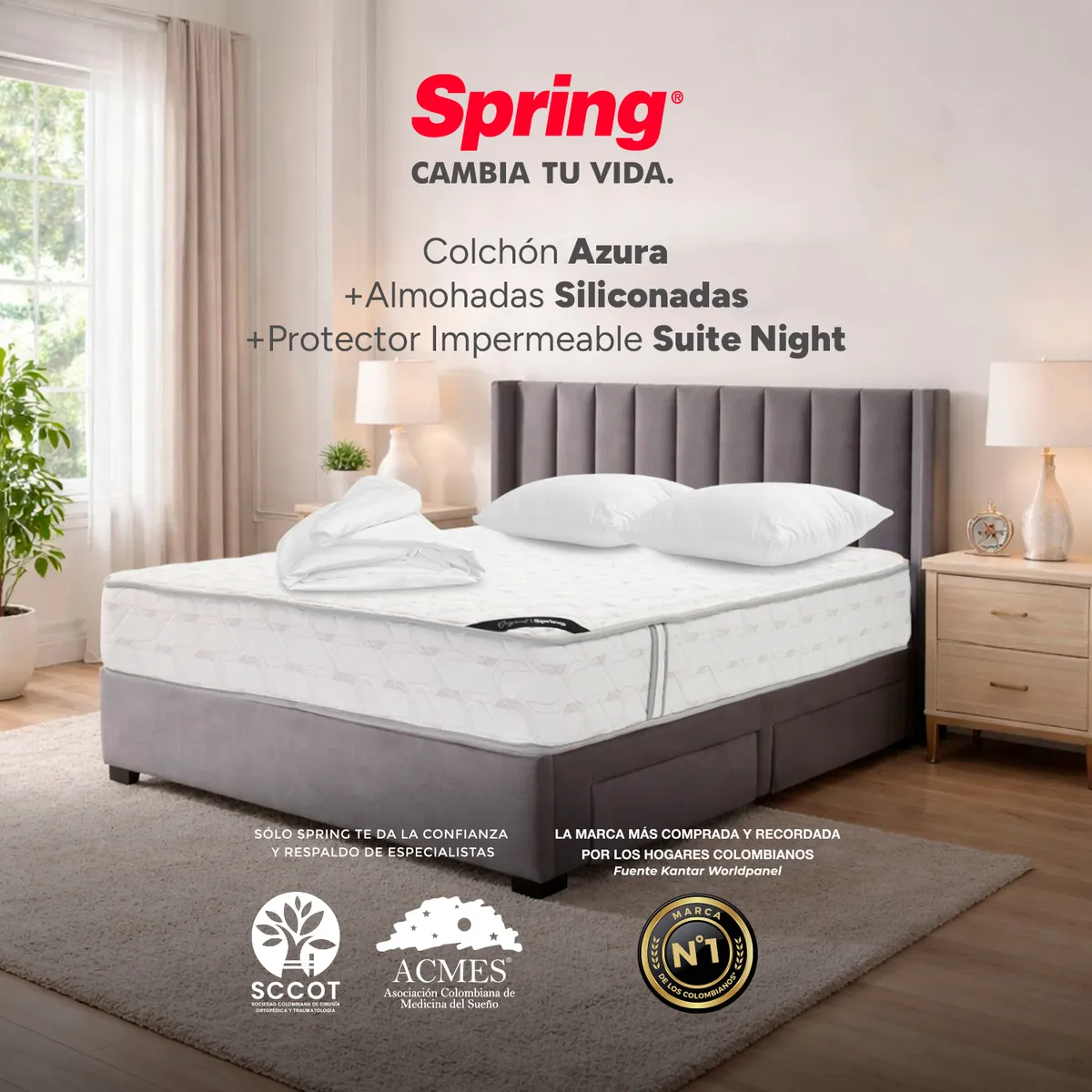 COLCHONES SPRING - Colchón Spring Azura Queen 160X190 Cm + Almohadas Siliconadas + Protector Impermeable