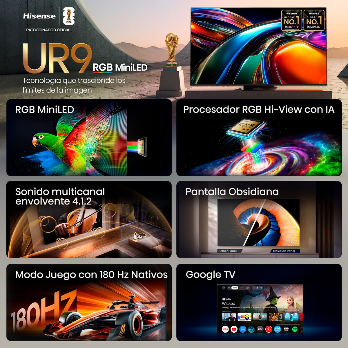 HISENSE - Televisor Hisense | 65 Pulgadas | RGB MiniLED 180 Hz Google TV| UR9SG