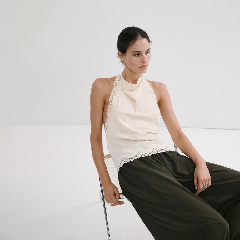 Blusa Mujer con Encaje Sin mangas de Algodón Mango