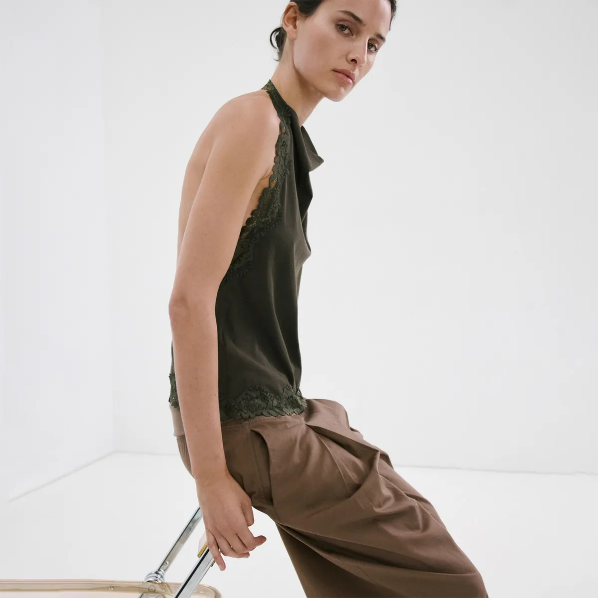 MANGO - Blusa Mujer con Encaje Sin mangas de Algodón Mango