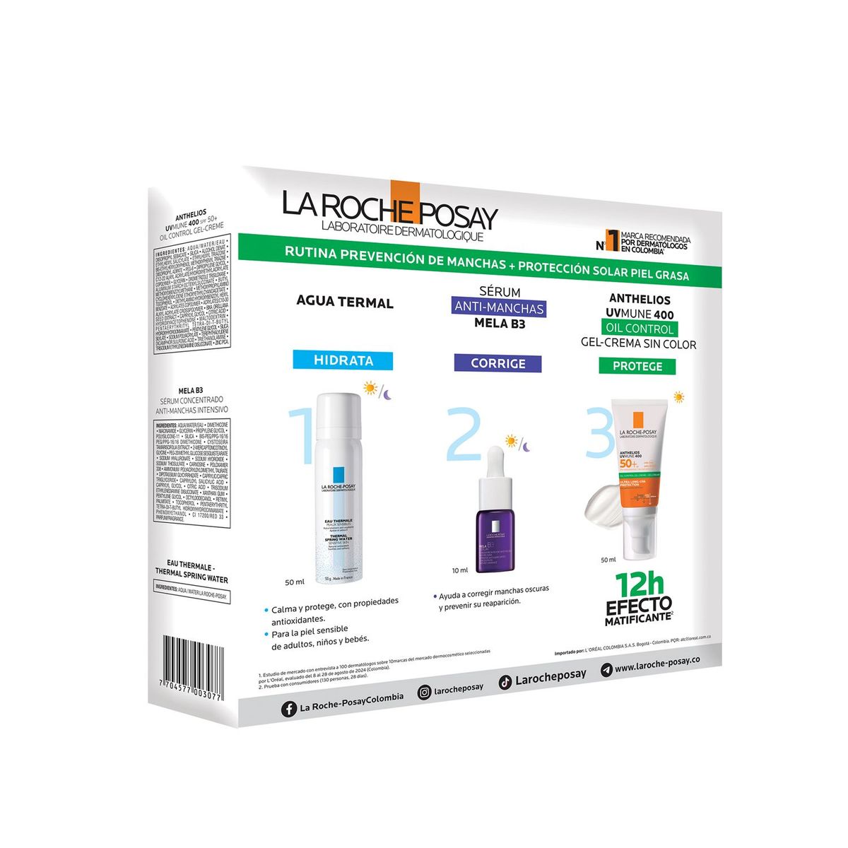 LA ROCHE POSAY - Set Pack Anthelios Oil Control Gel + Mela B3 Sérum + Agua Termal La Roche Posay Incluye 3 Productos